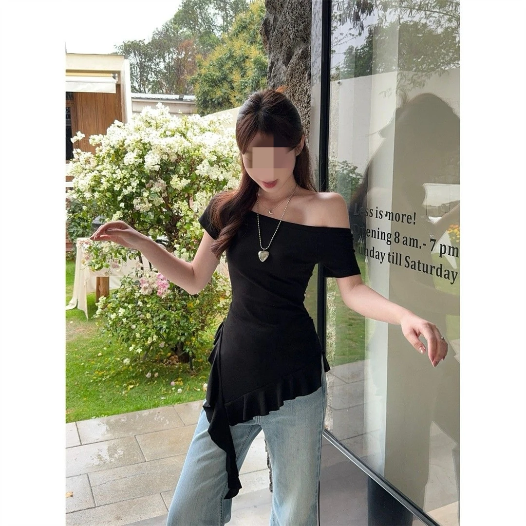 一字肩设计感不规则飘带下摆上衣显瘦性感开叉修身小众夏季露肩