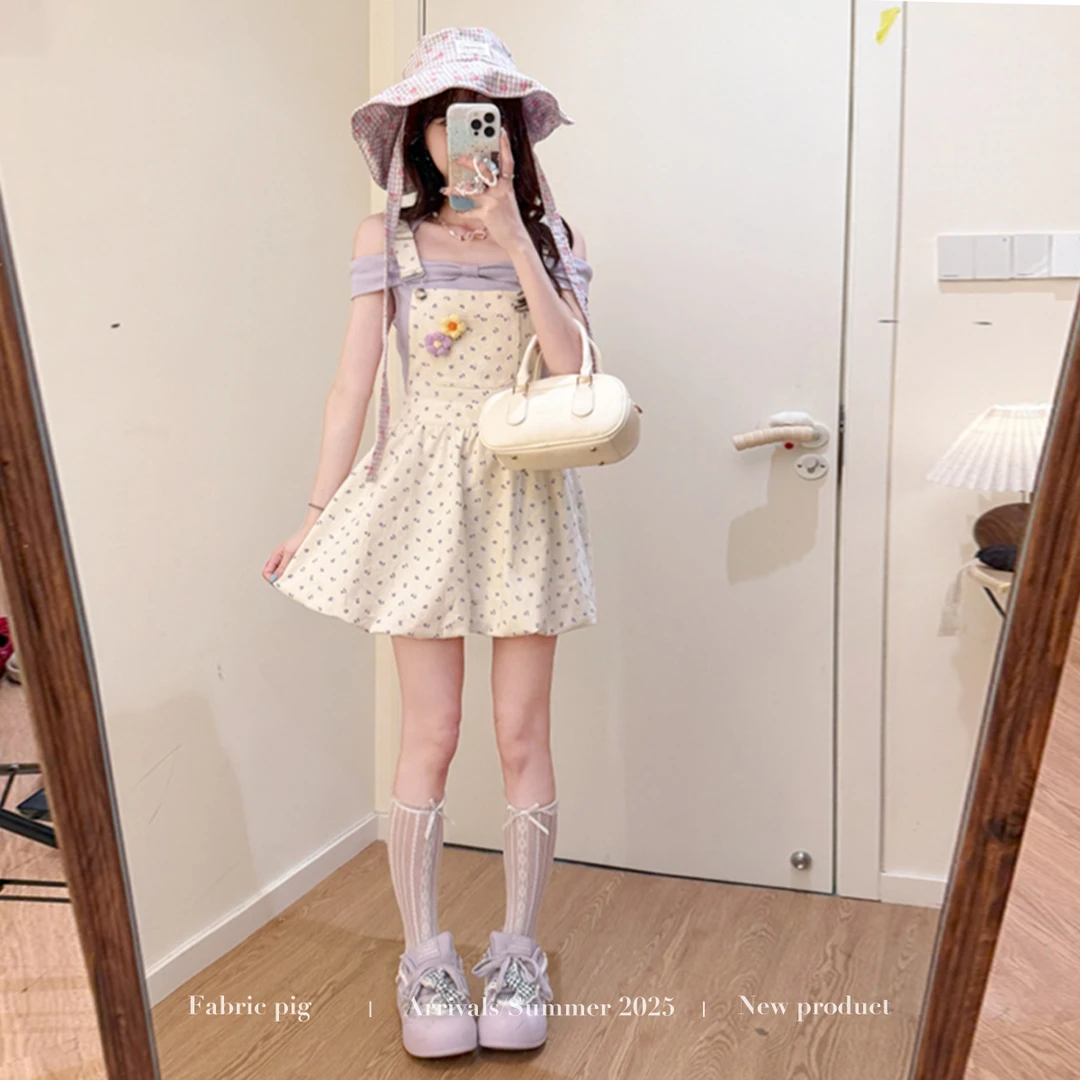 紫色童话 织物猪原创 甜美风牛仔花苞背带裙女夏杏色可爱减龄上衣