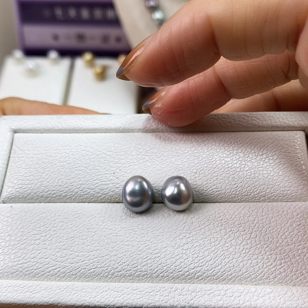海水珍珠18K金镶嵌耳饰8-9m天然无核海水珍珠耳钉（Keshi）