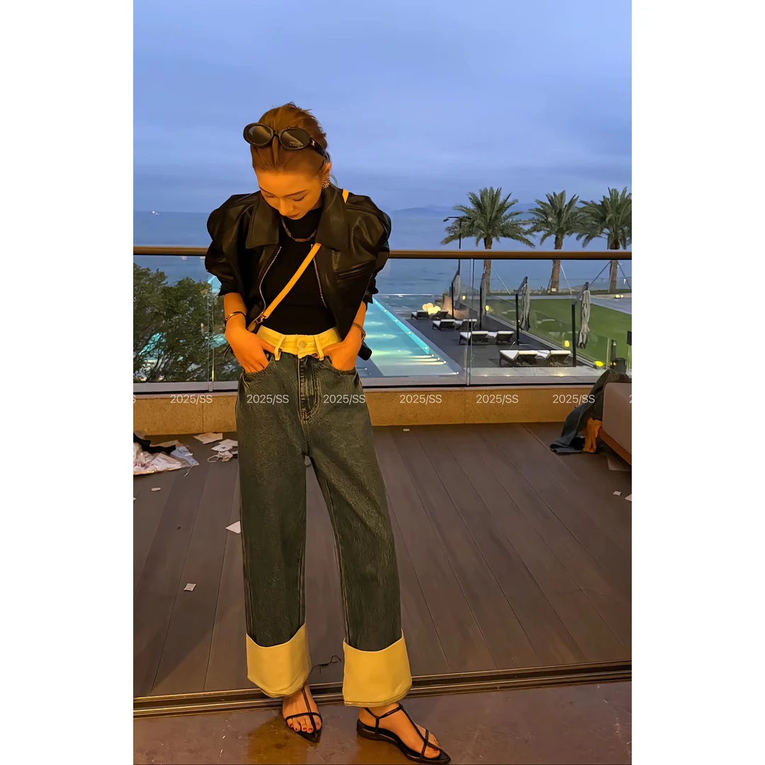 【娇娇私服定制】新款上新休闲撞色拼接直筒牛仔裤（裤长100）21524