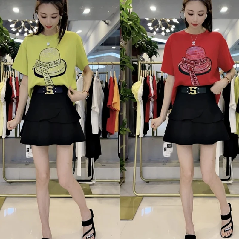 时尚烫钻印花帽子圆领T恤女士2025夏季新款短袖宽松小衫上衣打底