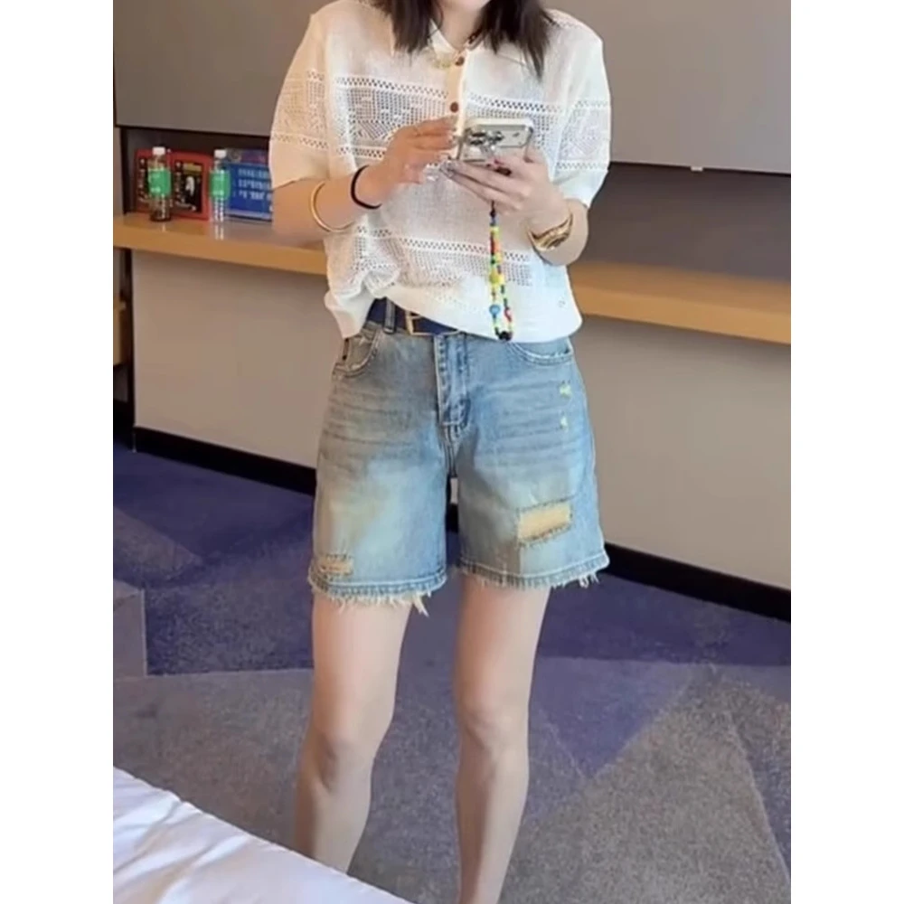 夏季薄款破洞牛仔短裤女新款高腰休闲阔腿A字热裤-FYQ30010