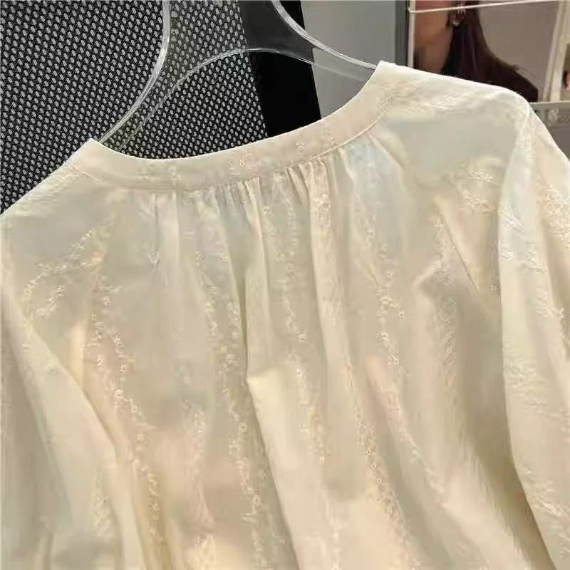 (棉)复古提花杏色温柔绣花棉文艺短袖衬衫女宽松显瘦衬衣夏娃娃衫