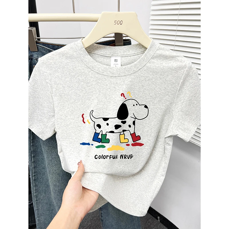 白灰色正肩t恤女短袖夏季韩版chic设计感洋气小狗印花小个子上衣