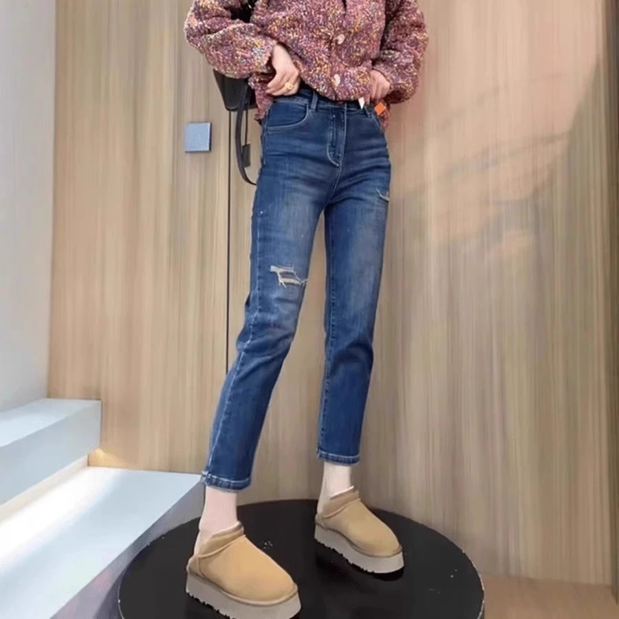 2025春季爆款高腰显瘦窄版直筒牛仔裤大码百搭复古假破洞烟管裤子