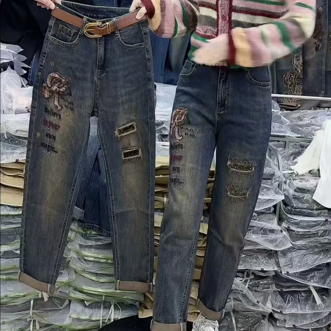 5358新款复古风时尚重工超弹牛仔老爹裤