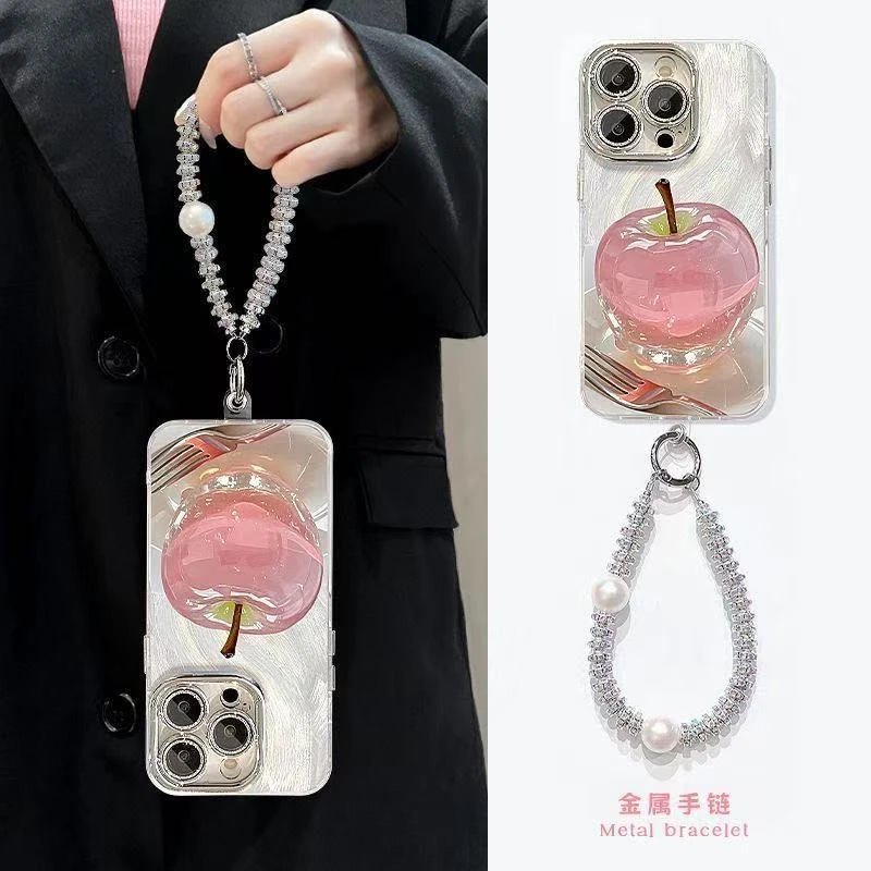 水晶苹果适用苹果17vivo华为oppo小米iPhone16精孔羽纱手链手机壳