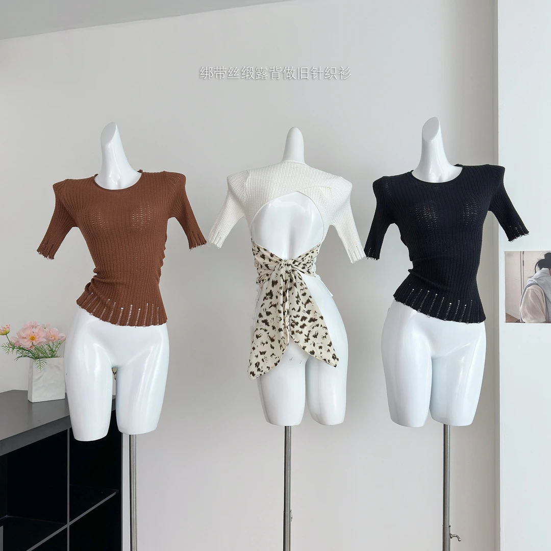 【灵感缪斯】定制绑带丝缎露背做旧针织衫女性感镂空上衣