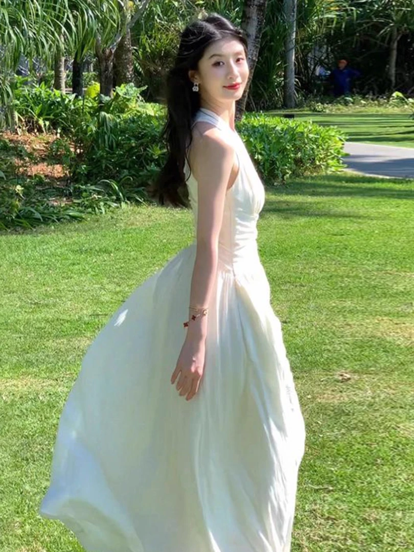 新款挂脖v领无袖连衣裙海边度假法式长裙夏日绝美小裙子4554