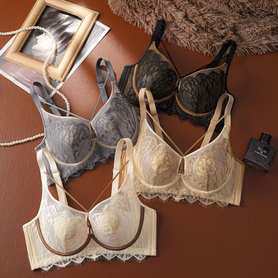 法式轻奢睫毛蕾丝桑蚕丝圆垫轻薄透气大胸显小调整型文胸