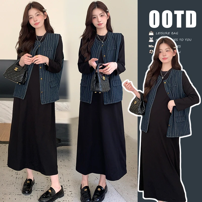 「小清优选」2025新款竖条牛仔马甲复古显瘦洋气孕妇连衣裙两件套女