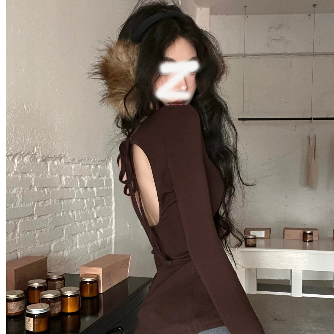 YIDERNG纯欲辣妹镂空后背上衣显身材露背长袖t恤美拉德打底衫内搭