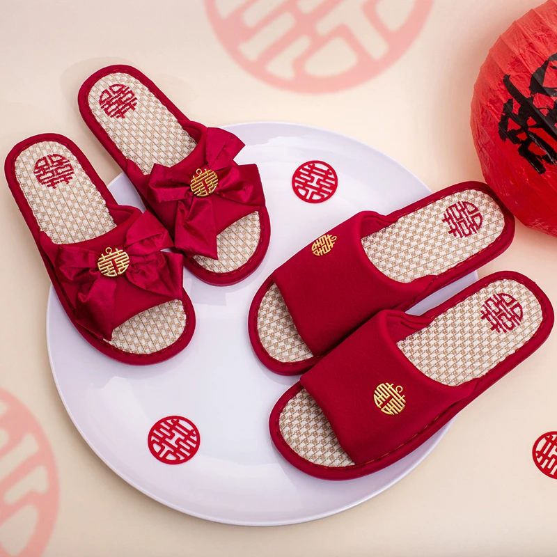 结婚拖鞋新婚情侣亚麻拖鞋结婚必备用品喜拖大红色婚拖舒适防滑