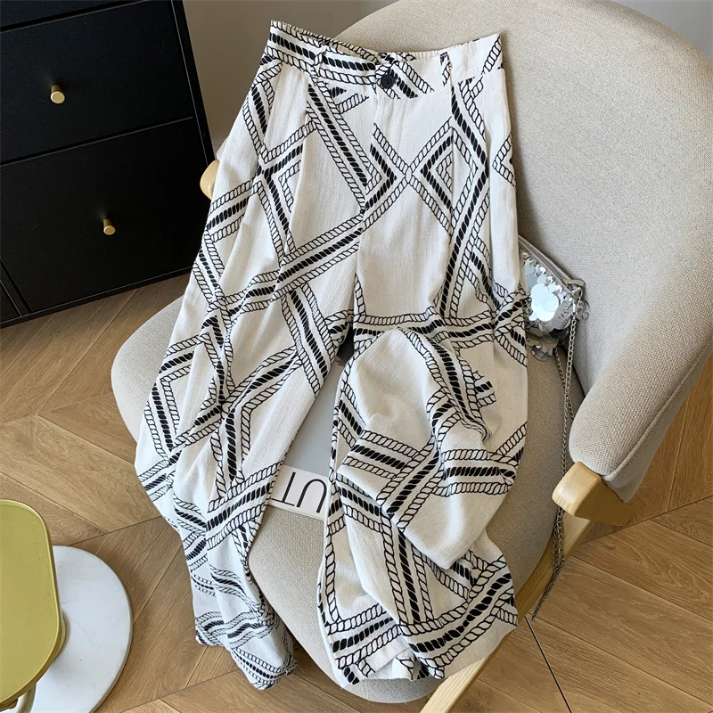 仿棉麻垂感高腰夏季印花花纹老钱风微弹力休闲裤外穿洋气阔腿裤