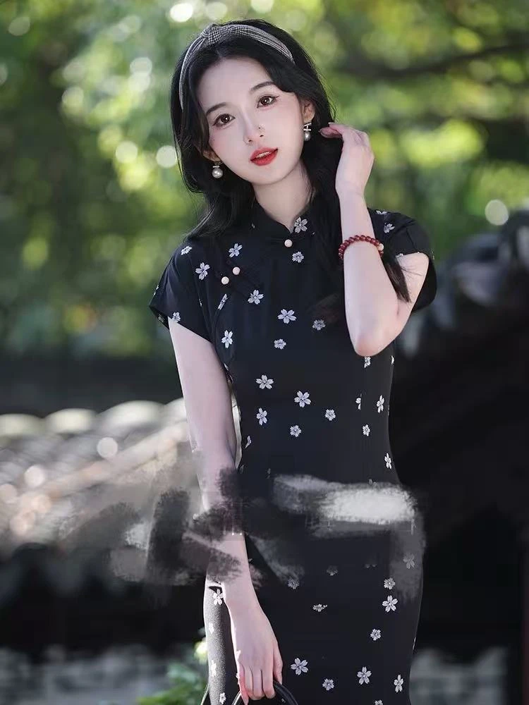 0934 黑色 鱼尾 小花少女 旗袍