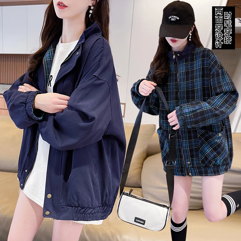 双面穿立领外套女春秋2025新款初高中学生宽松高级感格子工装夹克