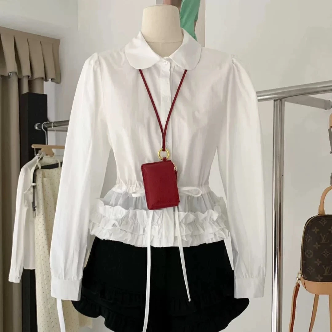 早春新款韩系减龄甜美木耳花边娃娃领白色短款韩版衬衫衬衣上衣女