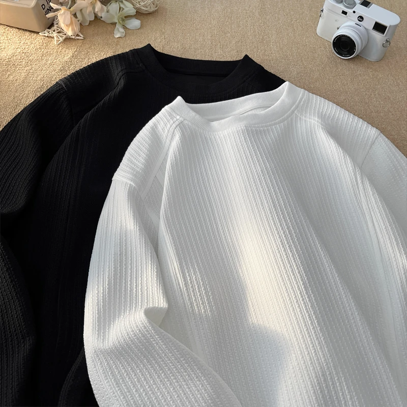 长袖T恤男款秋季2025新款宽松百搭肌理感圆领拼缝潮流休闲上衣