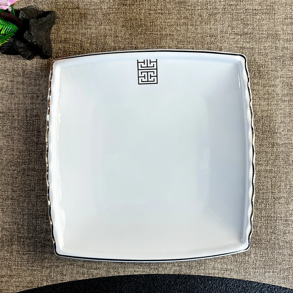 创意金线耐磨金楚汉正方盘陶瓷白瓷盘子商用家用高档餐具品质好物