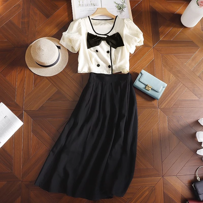 夏季新款品牌折扣蝴蝶结泡泡袖上衣&半身A字长裙套装女322【B】