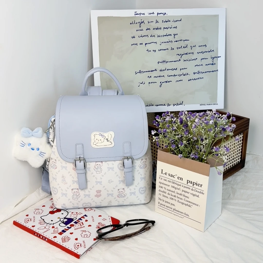 蓝色小猫大容量背包甜美可爱印花包包（带挂件）