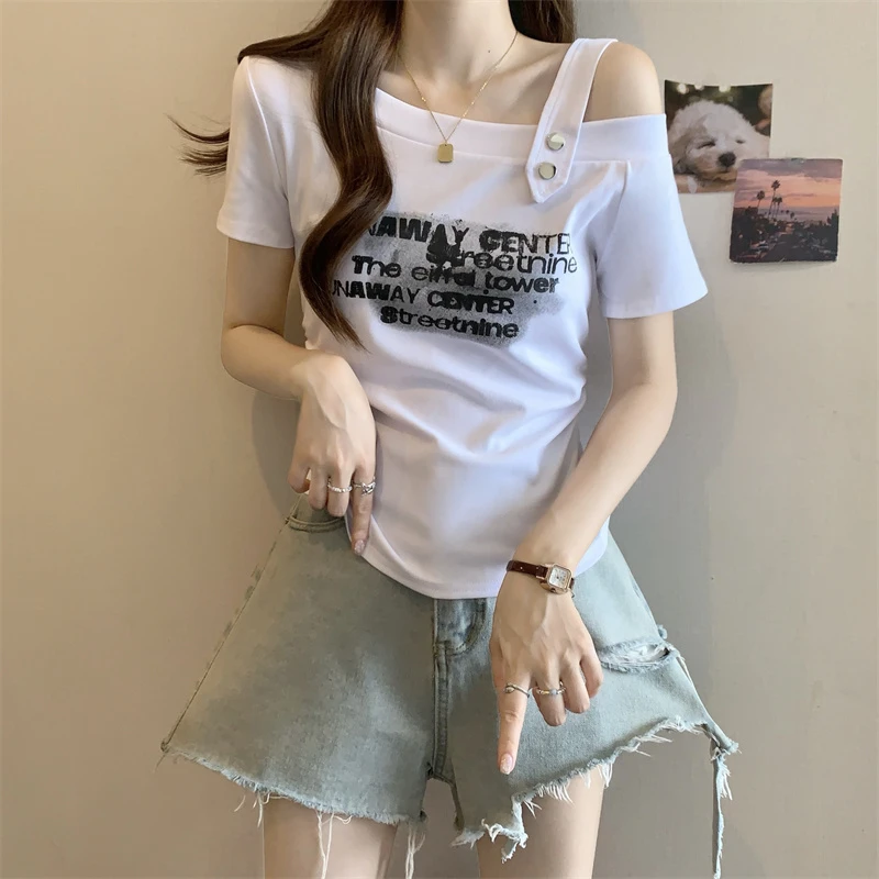 大码字母印花斜肩设计短袖t恤女夏季胖妹妹褶皱修身显瘦露肩上衣