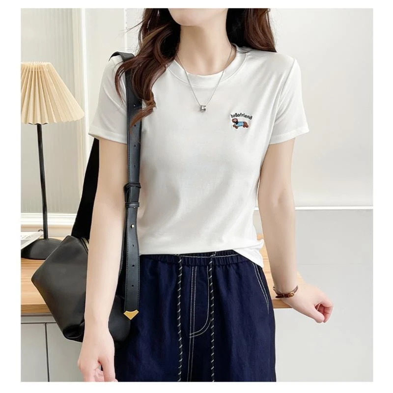 YH2069(聚水潭)百搭纯色休闲圆领时尚短袖字母女T恤女士短袖
