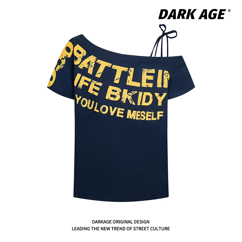DARKAGE美式复古辣妹斜肩短袖T恤女夏季字母印花宽松绑带漏肩上衣