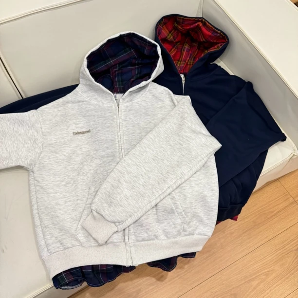 【醒醒】美式情侣假两件拼接格子卫衣宽松加绒开衫外套