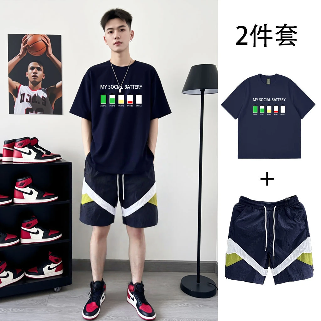 两件套美式字母印花纯棉短袖t恤男五分袖ins潮牌抽绳休闲短裤套装