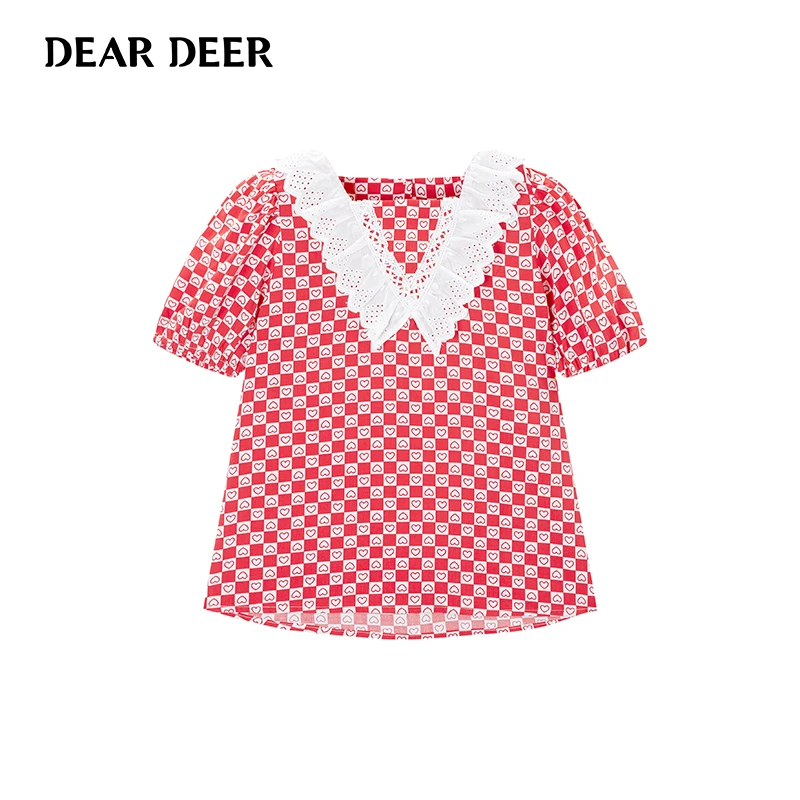 【断码清】迪迪鹿女大童夏季爱心红白格镂空短袖衬衫C121AA22204