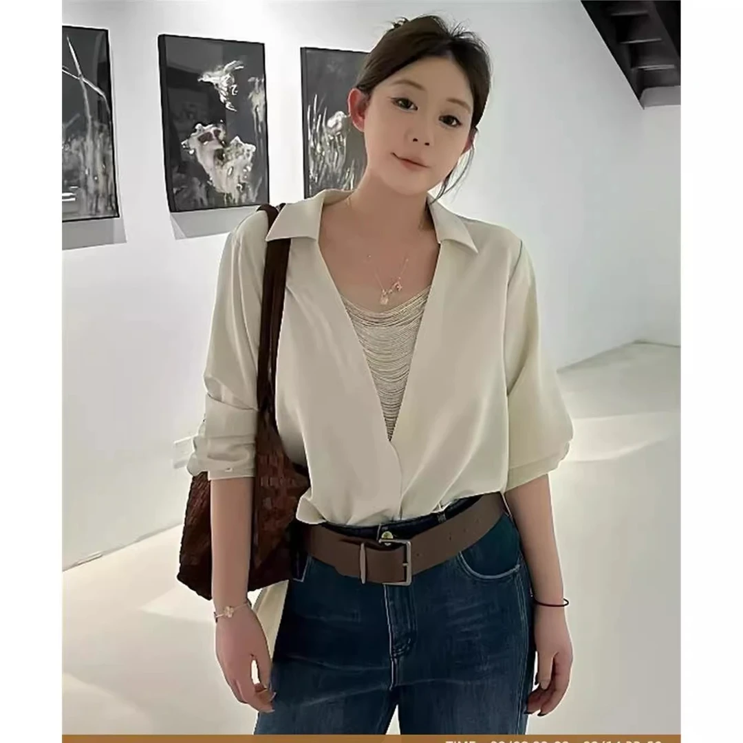 大码女装胖mm设计感翻领链条拼接长袖衬衫2025秋季百搭显瘦上衣
