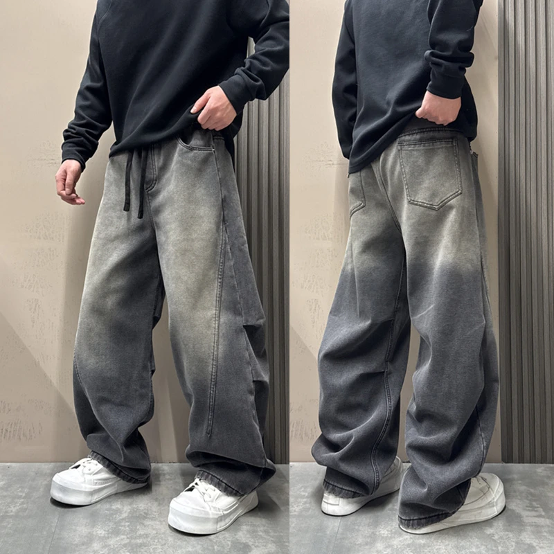 冬季水洗做旧破洞牛仔裤男加绒加厚垂感直筒痞帅宽松阔腿牛仔裤