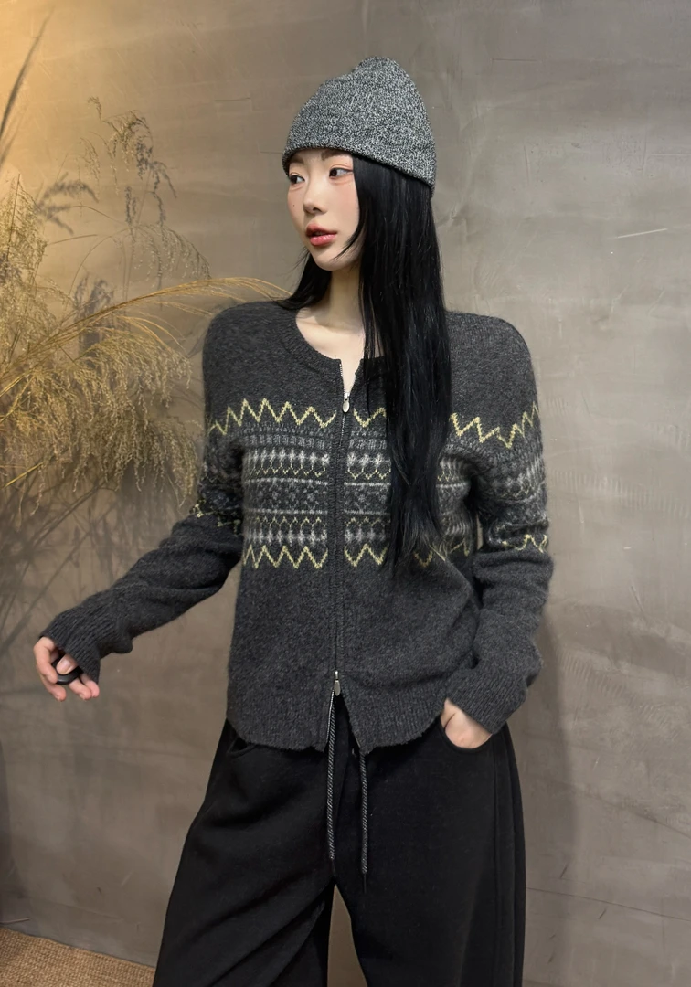 973#秋冬新款女装时尚简约圆领复古提花针织开衫毛衣上衣羊毛衫