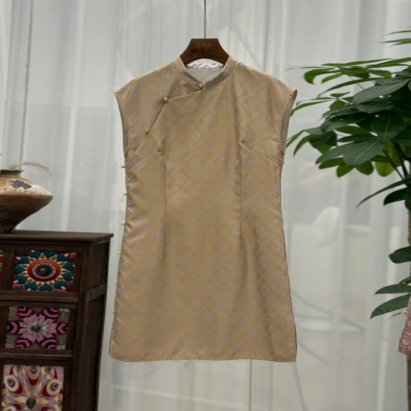 【星绡】新中式真丝宋锦旗袍连衣裙日常新中式夏季中长裙小飞袖上衣