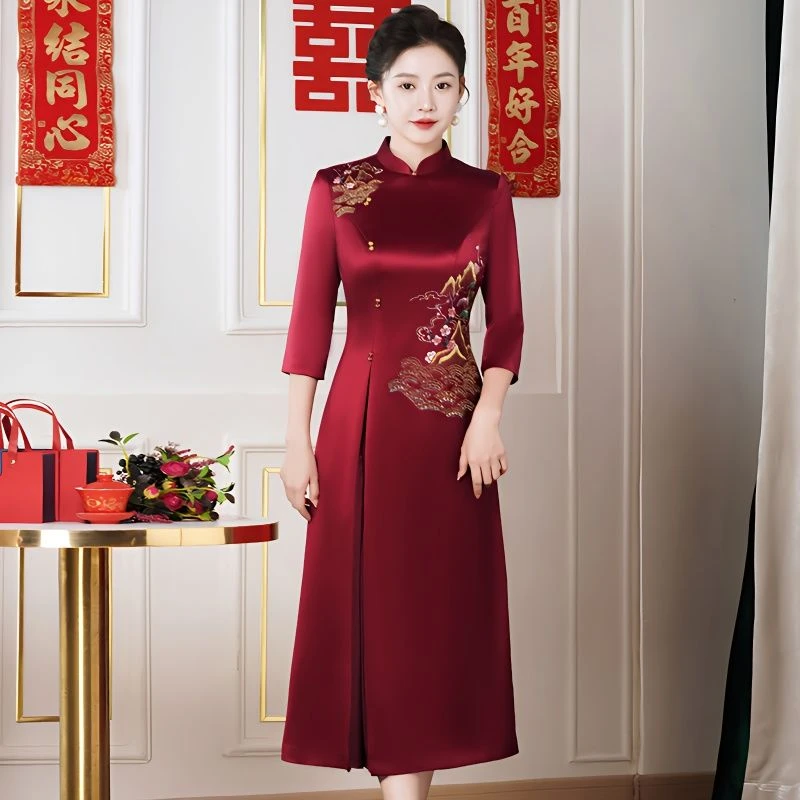 喜婆婆婚宴装晚礼服春季刺绣大码遮肚妈妈旗袍裙高贵洋气长款年轻