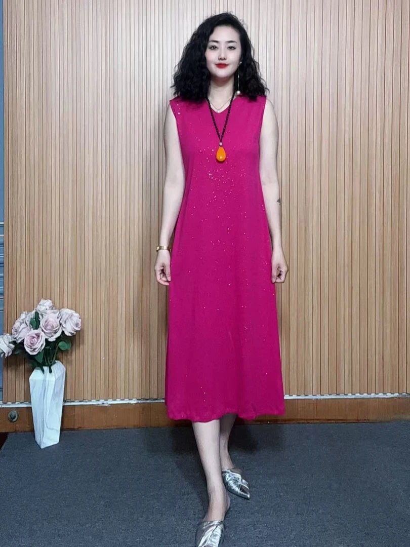 夏季V领烫金纯色条纹气质百搭显瘦宽松长款妈妈装无袖背心裙53