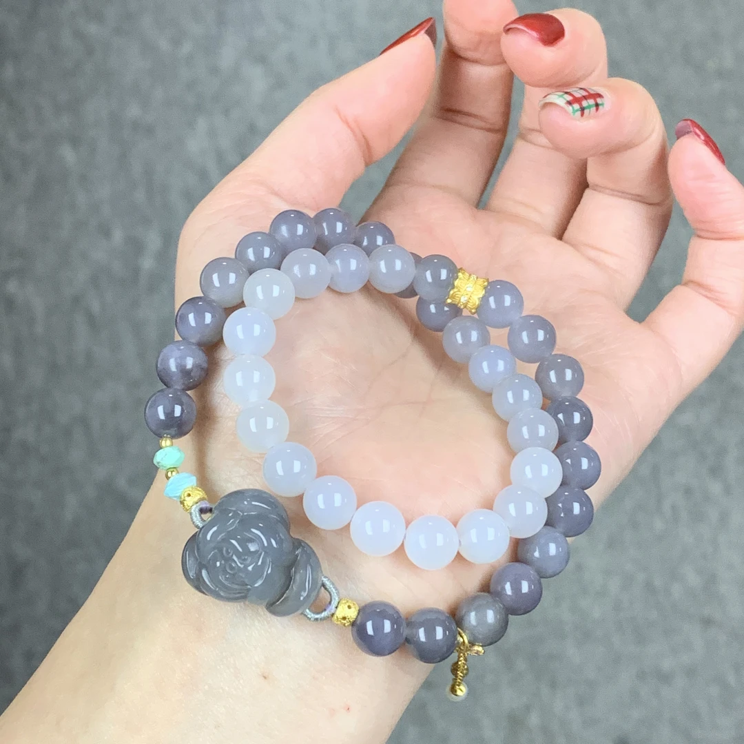 •天然和田玉渐变烟紫双圈牡丹手链B041