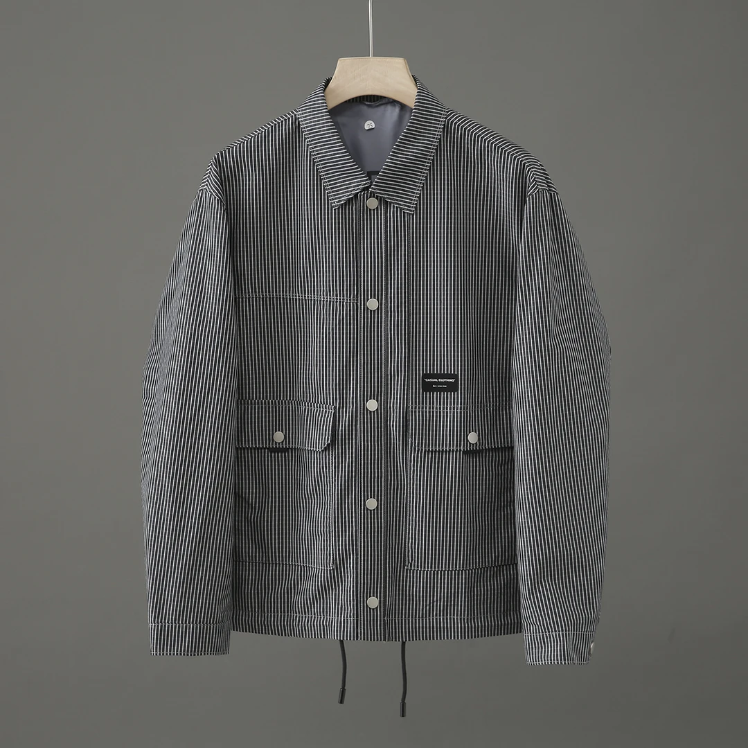 HS439剪标简单利落挺括有型翻领竖条纹休闲男士夹克外套