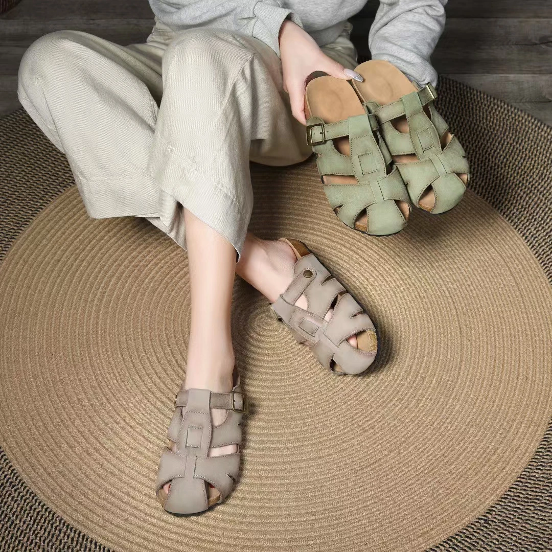 拖鞋勃肯头层牛皮橡胶底时尚气质夏季百搭厚底