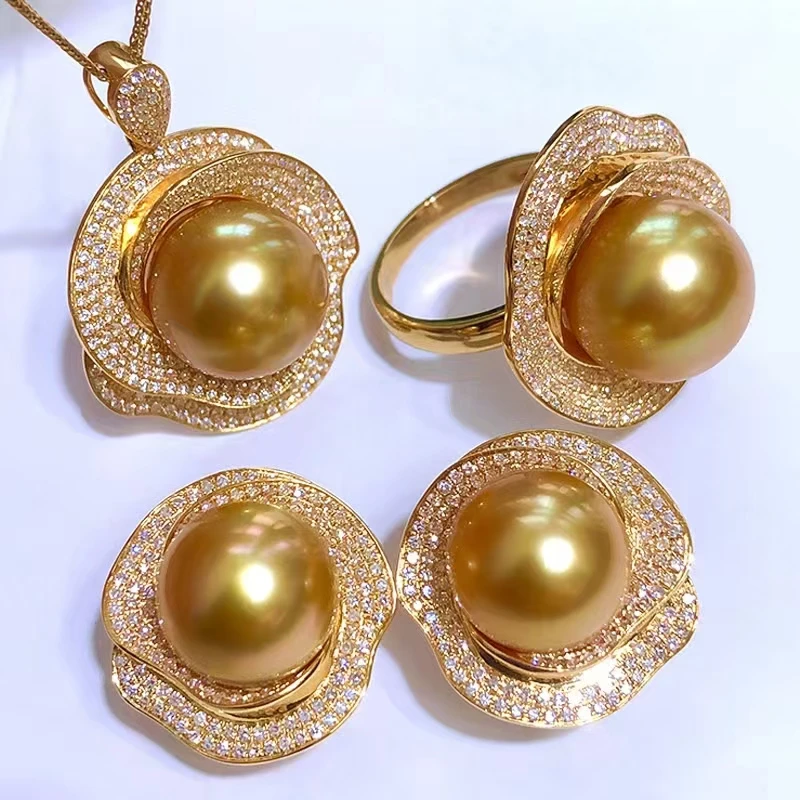 链子925银 时尚豪华镶嵌正圆南洋金色玫瑰花项链七夕送女友套装女