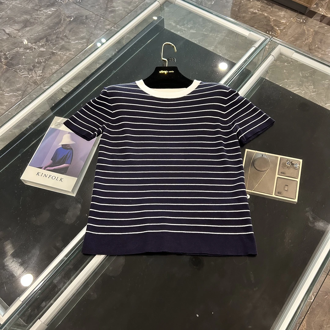 夏季新款宽松显瘦百搭时尚撞色条纹圆领短袖针织衫-25895