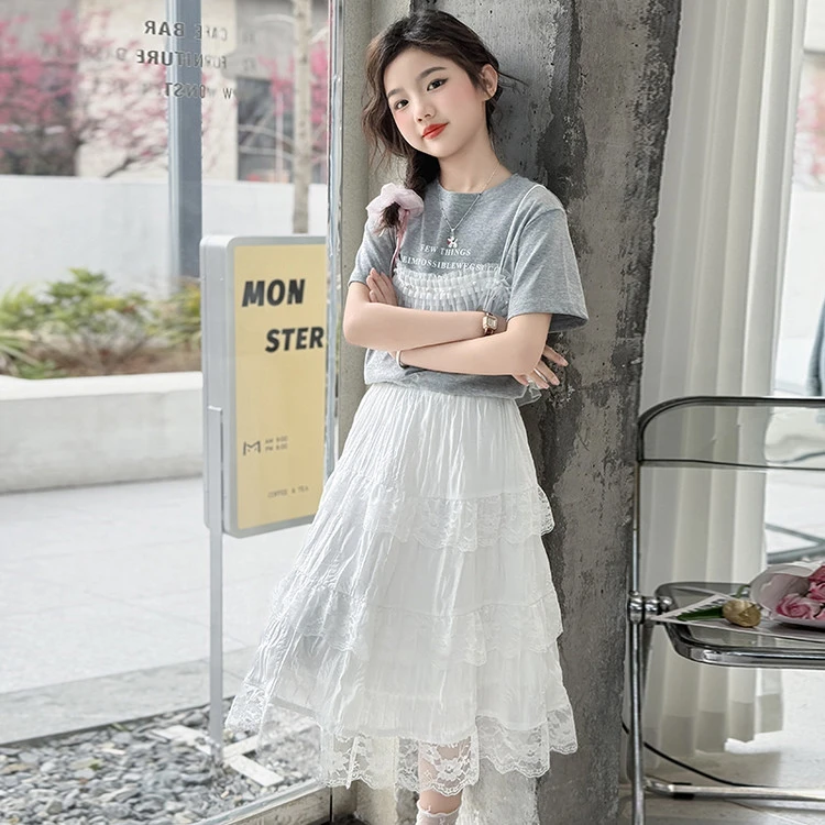 女童连衣裙套装夏装2025新款儿童中大童洋气蕾丝公主裙女孩裙子潮