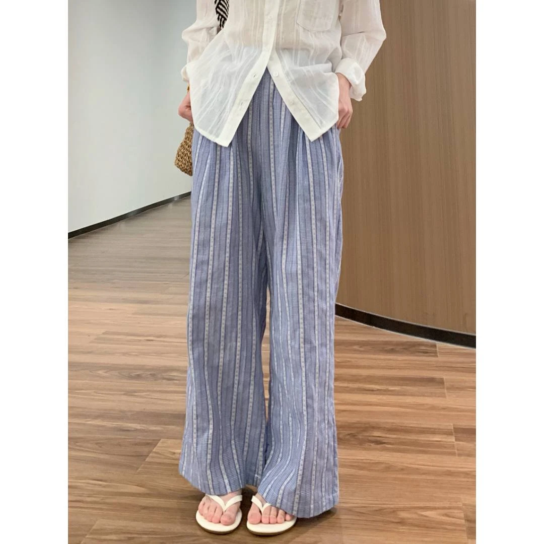 YO定制夏季韩系减龄松紧腰竖条纹阔腿裤小个子慵懒风百搭休闲裤子