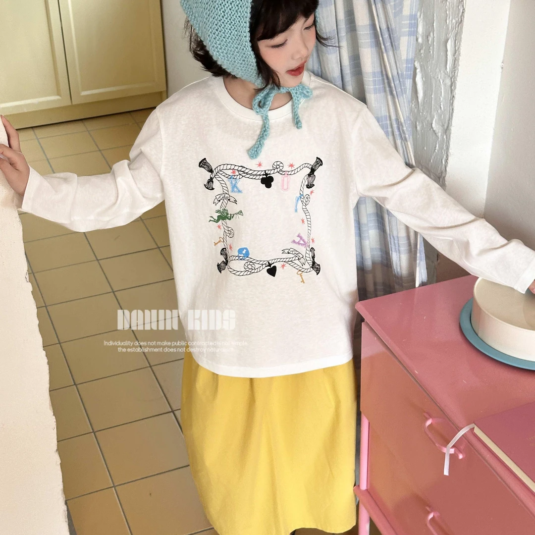 【嗒囜】女童25春季新款宽松手绘印花长袖T恤儿童韩版百搭圆领上衣