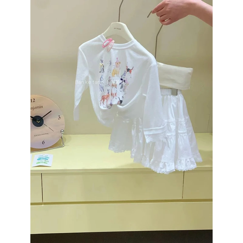 女童卡通印花长袖T恤上衣2025春夏新款韩版童装宝宝洋气花边套装