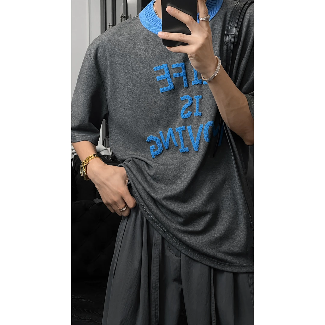 龙叨叨夏季新款潮流美式复古拼接设计感字母宽松百搭圆领短袖T恤