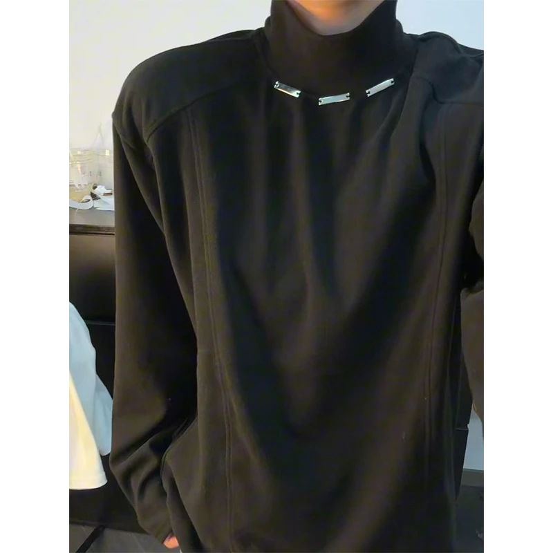 金属扣德绒正肩长袖t恤男秋冬纯色半高领内搭打底衫保暖套头卫衣