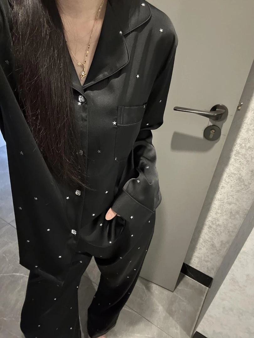 加肥加大码冰丝长袖长裤网红睡衣星星长袖轻奢休闲秋季冰感家居服