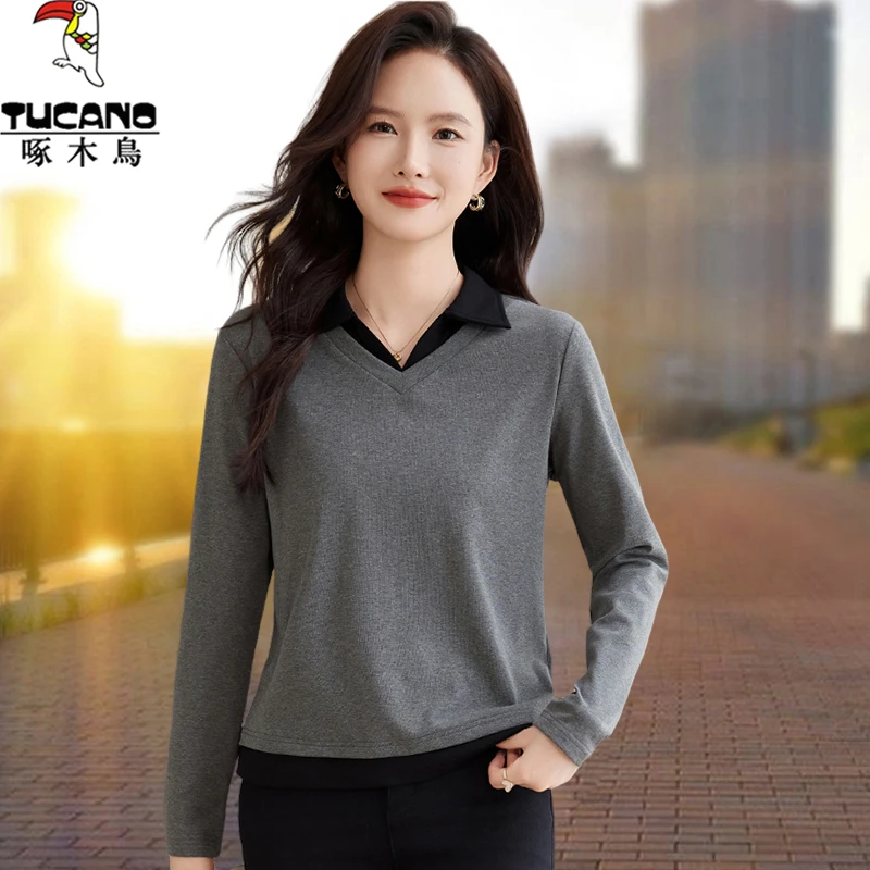 啄木鸟翻领长袖t恤女春秋2025新款时尚洋气中年妈妈休闲宽松上衣